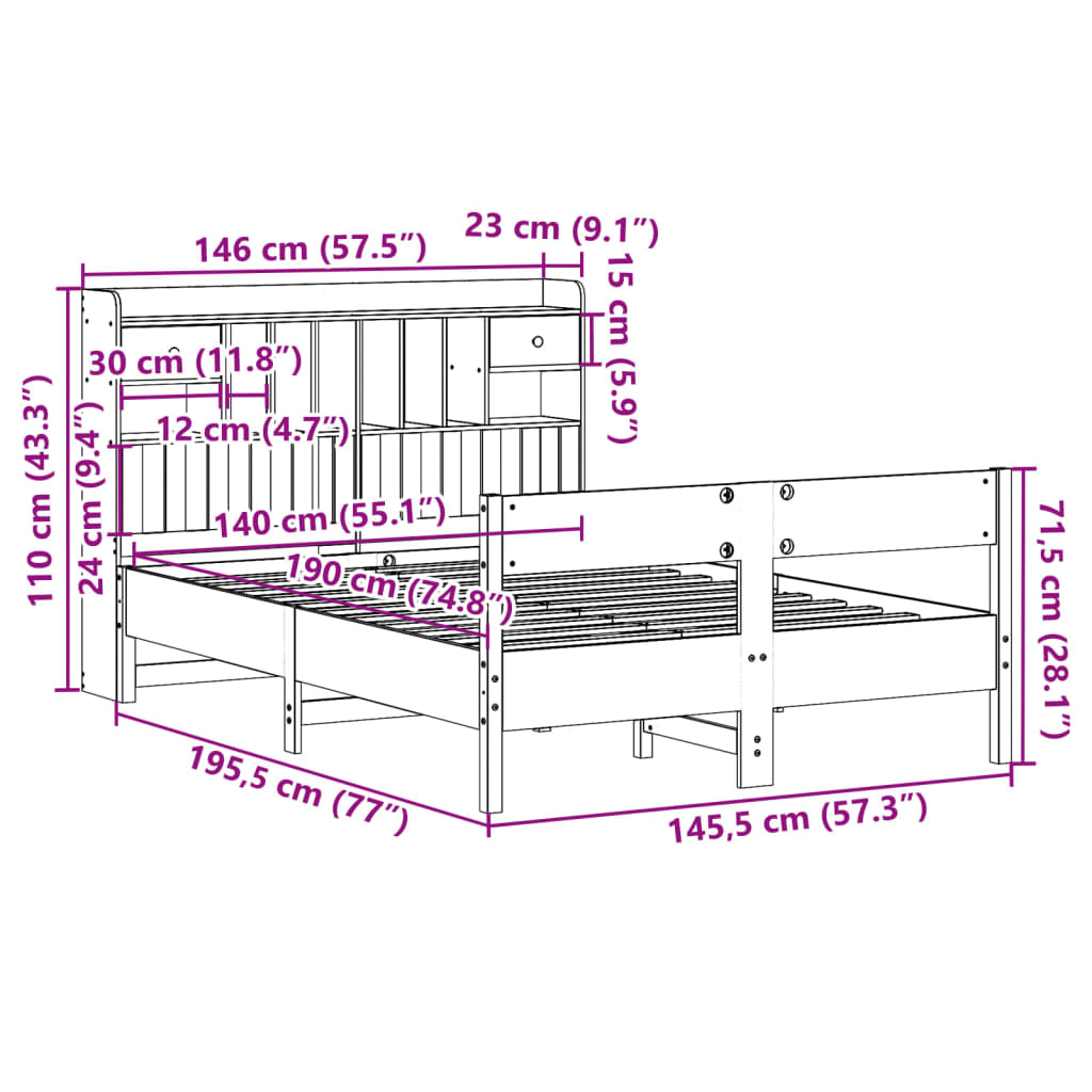Bookcase Bed without Mattress White 140x190cm Solid Wood Pine