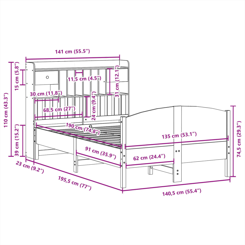 Bookcase Bed without Mattress White 135x190 cm Double Solid Wood Pine