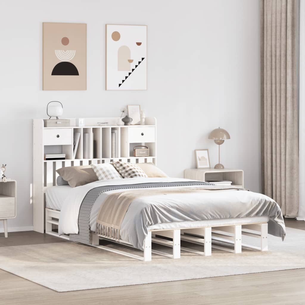 Bookcase Bed without Mattress White 135x190 cm Double Solid Wood Pine