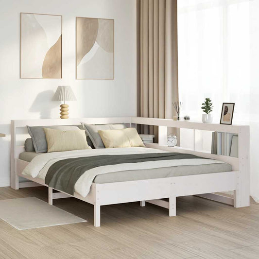 Bookcase Bed without Mattress White 150x200 cm King Size Solid Wood Pine
