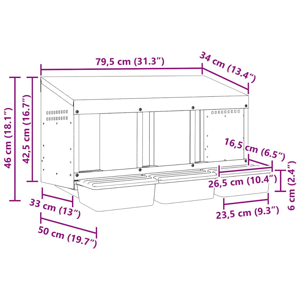 Chicken Nesting Box 3 Compartments Wall-Mounted Galvanised Steel