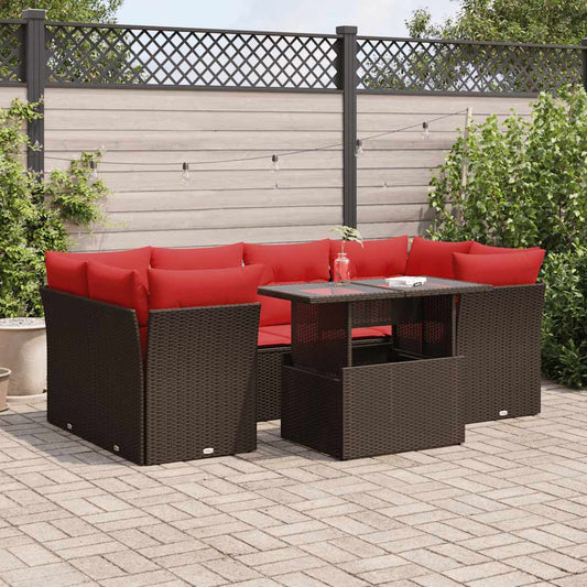 7 Piece Garden Sofa Set with Cushions Brown Poly Rattan Acacia