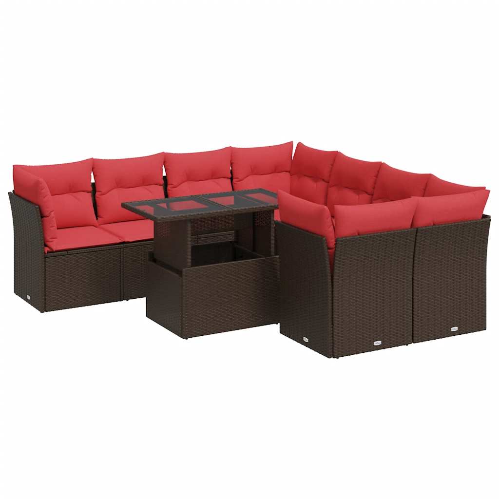 9 Piece Garden Sofa Set with Cushions Brown Poly Rattan Acacia