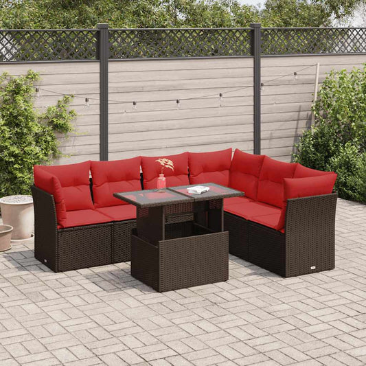 7 Piece Garden Sofa Set with Cushions Brown Poly Rattan Acacia