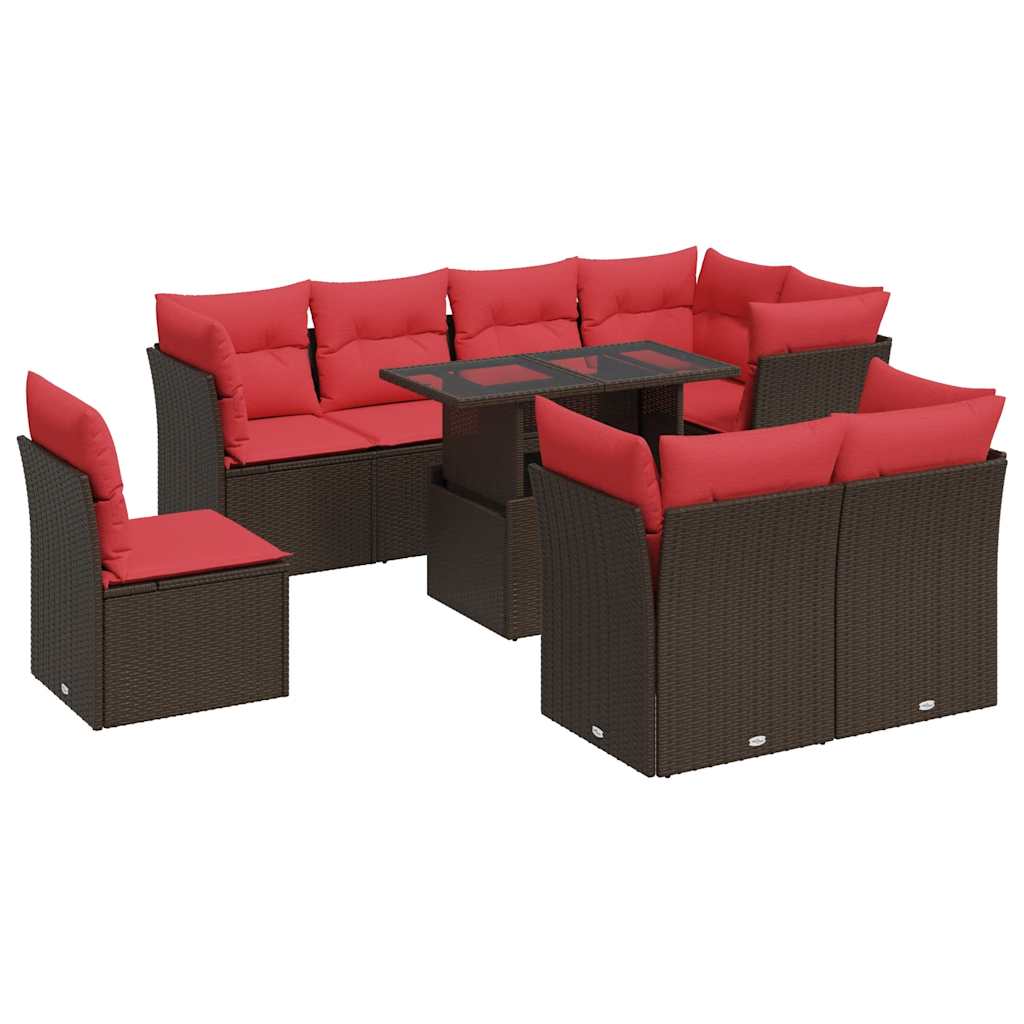9 Piece Garden Sofa Set with Cushions Brown Poly Rattan Acacia