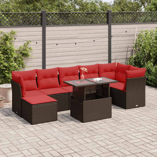 8 Piece Garden Sofa Set with Cushions Brown Poly Rattan Acacia