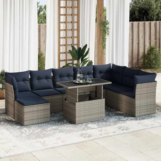 9 Piece Garden Sofa Set with Cushions Grey Poly Rattan Acacia