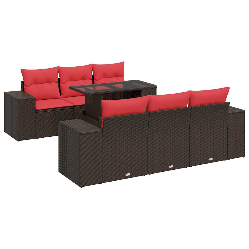 7 Piece Garden Sofa Set with Cushions Brown Poly Rattan Acacia