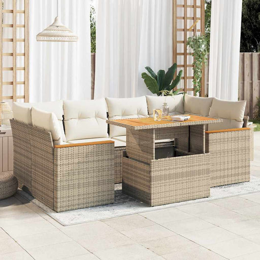 6 Piece Garden Sofa Set with Cushions Beige Poly Rattan Acacia