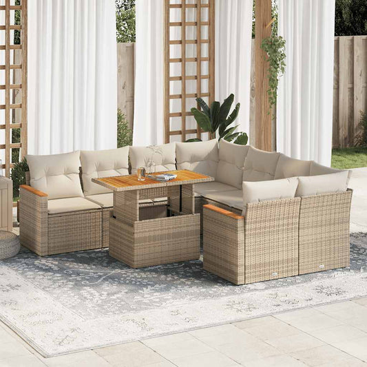 9 Piece Garden Sofa Set with Cushions Beige Poly Rattan Acacia