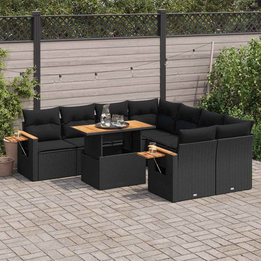 9 Piece Garden Sofa Set with Cushions Black Poly Rattan Acacia