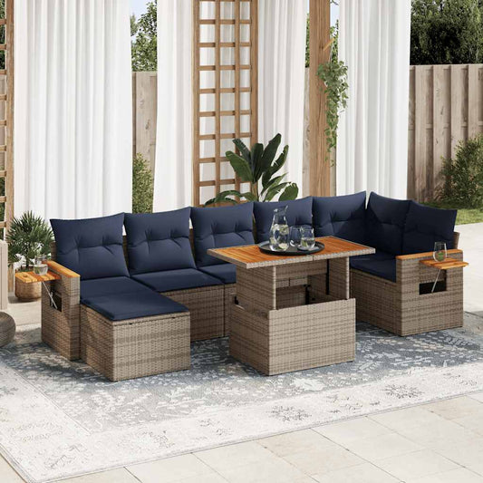 8 Piece Garden Sofa Set with Cushions Brown Poly Rattan Acacia