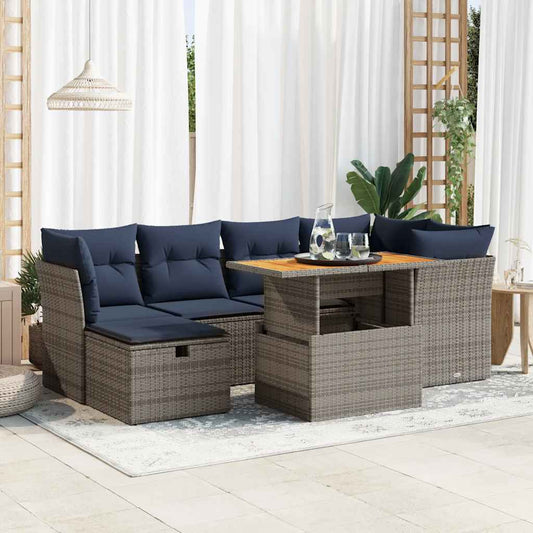7 Piece Garden Sofa Set with Cushions Black Poly Rattan Acacia