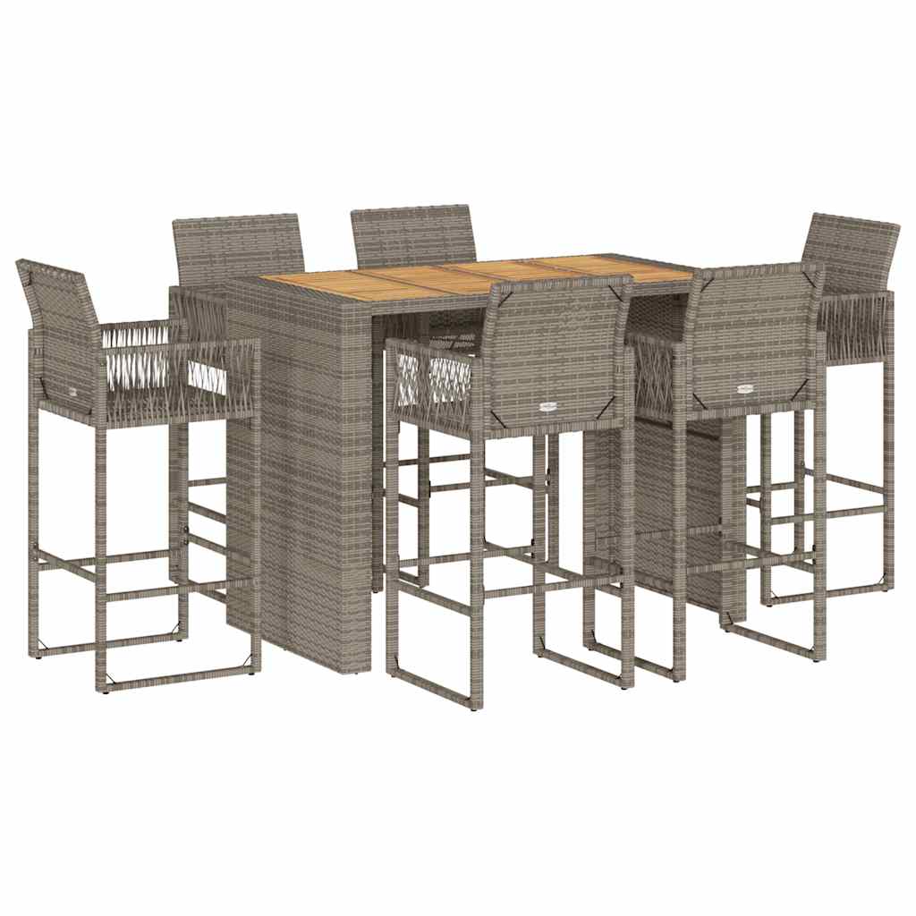 7 Piece Garden Bar Set without Cushions Grey Poly Rattan Acacia