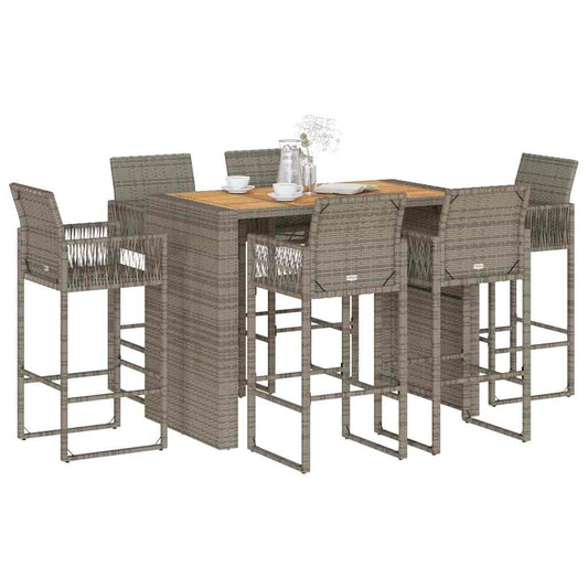 7 Piece Garden Bar Set without Cushions Grey Poly Rattan Acacia