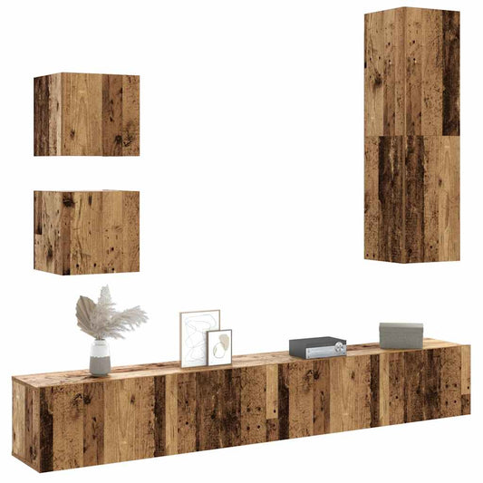 5 Piece TV Cabinet Set Wall-mounted Old Wood Engineered Wood