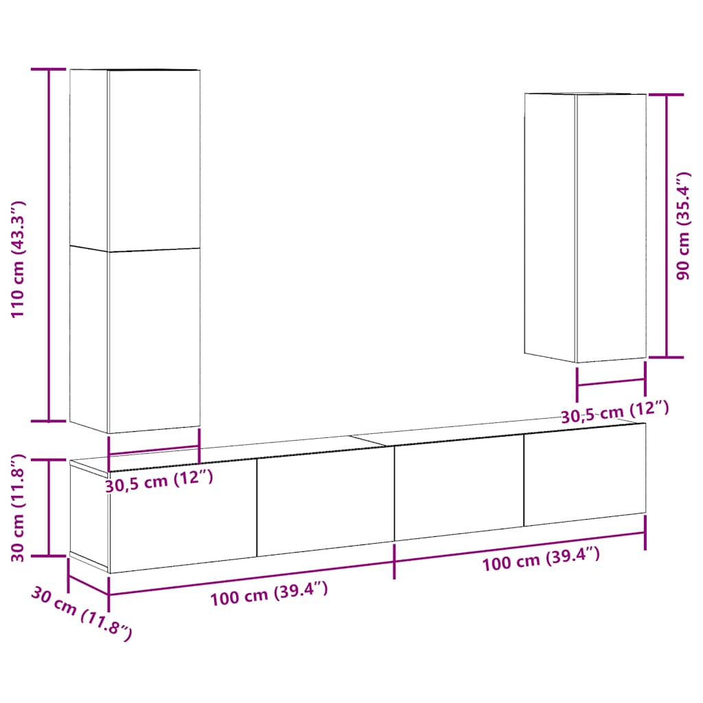 4 Piece TV Cabinet Set Wall-mounted Old Wood Engineered Wood