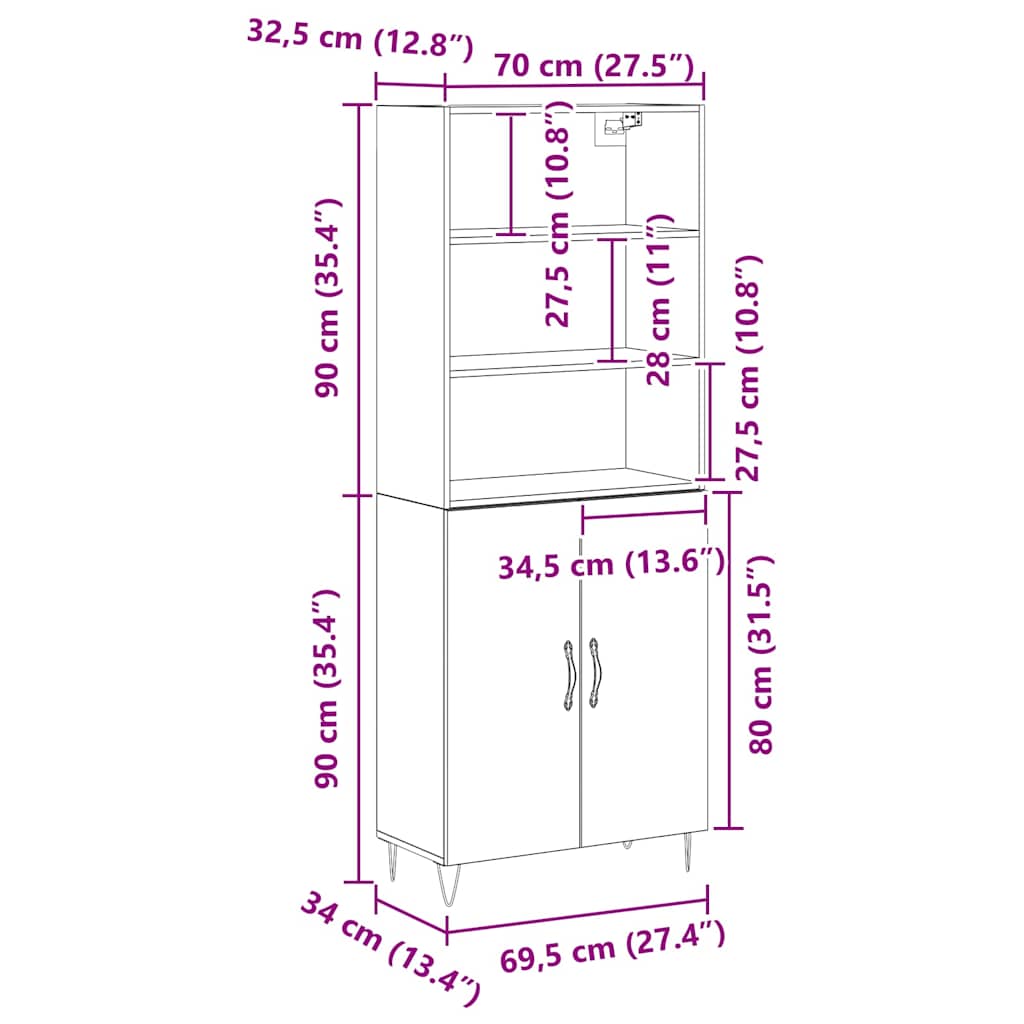 Highboard 2 pcs Black oak 70 x 34 x 180 cm Engineered wood