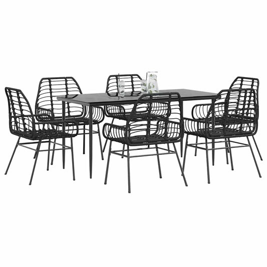 7 Piece Garden Dining Set Black Poly Rattan Glass