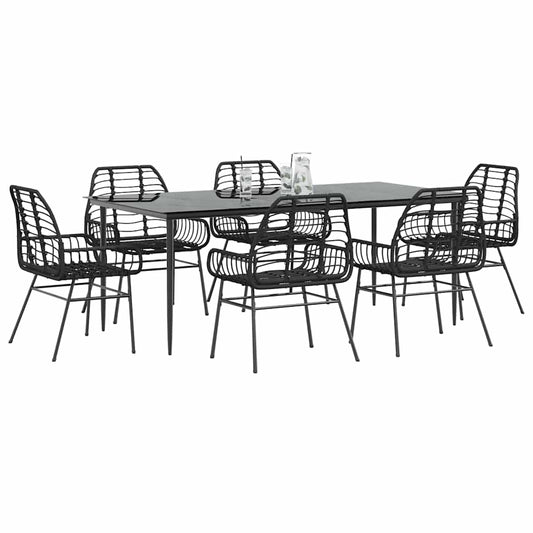 7 Piece Garden Dining Set Black Poly Rattan Glass