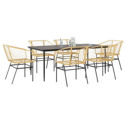 7 Piece Garden Dining Set Brown Poly Rattan Glass