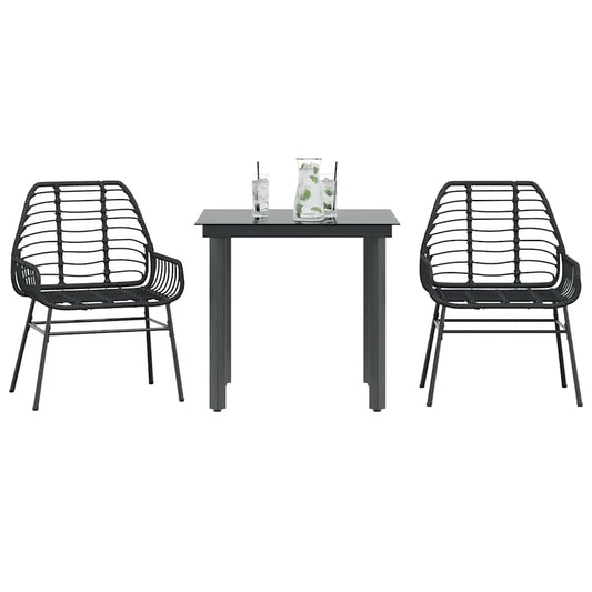 3 Piece Garden Dining Set Black Poly Rattan Glass