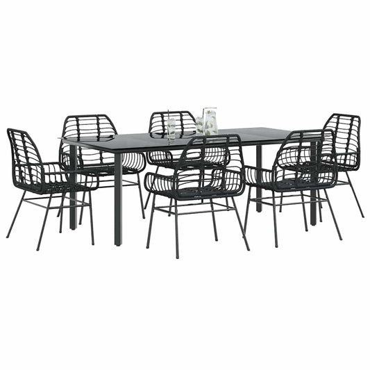 7 Piece Garden Dining Set Black Poly Rattan Glass
