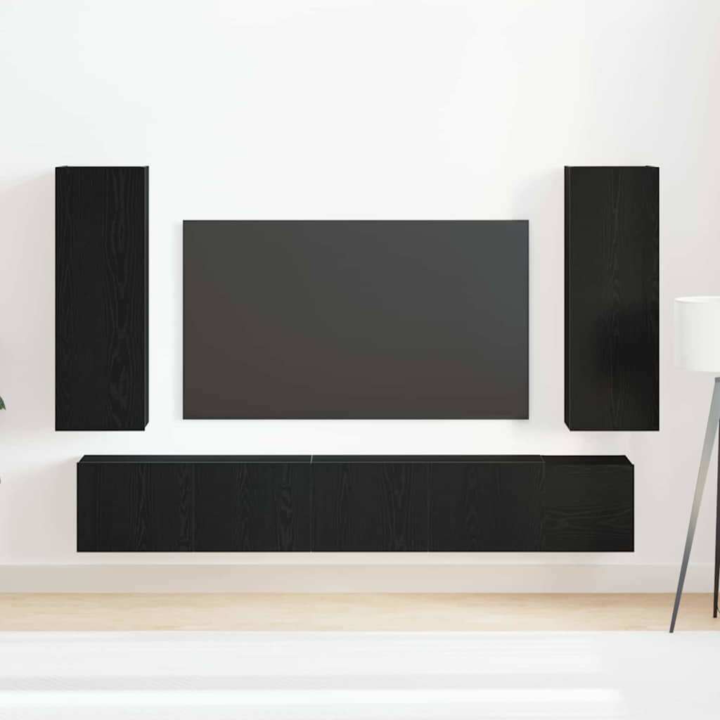 5-Piece Wall-Mounted TV Cabinet Set in Black Oak