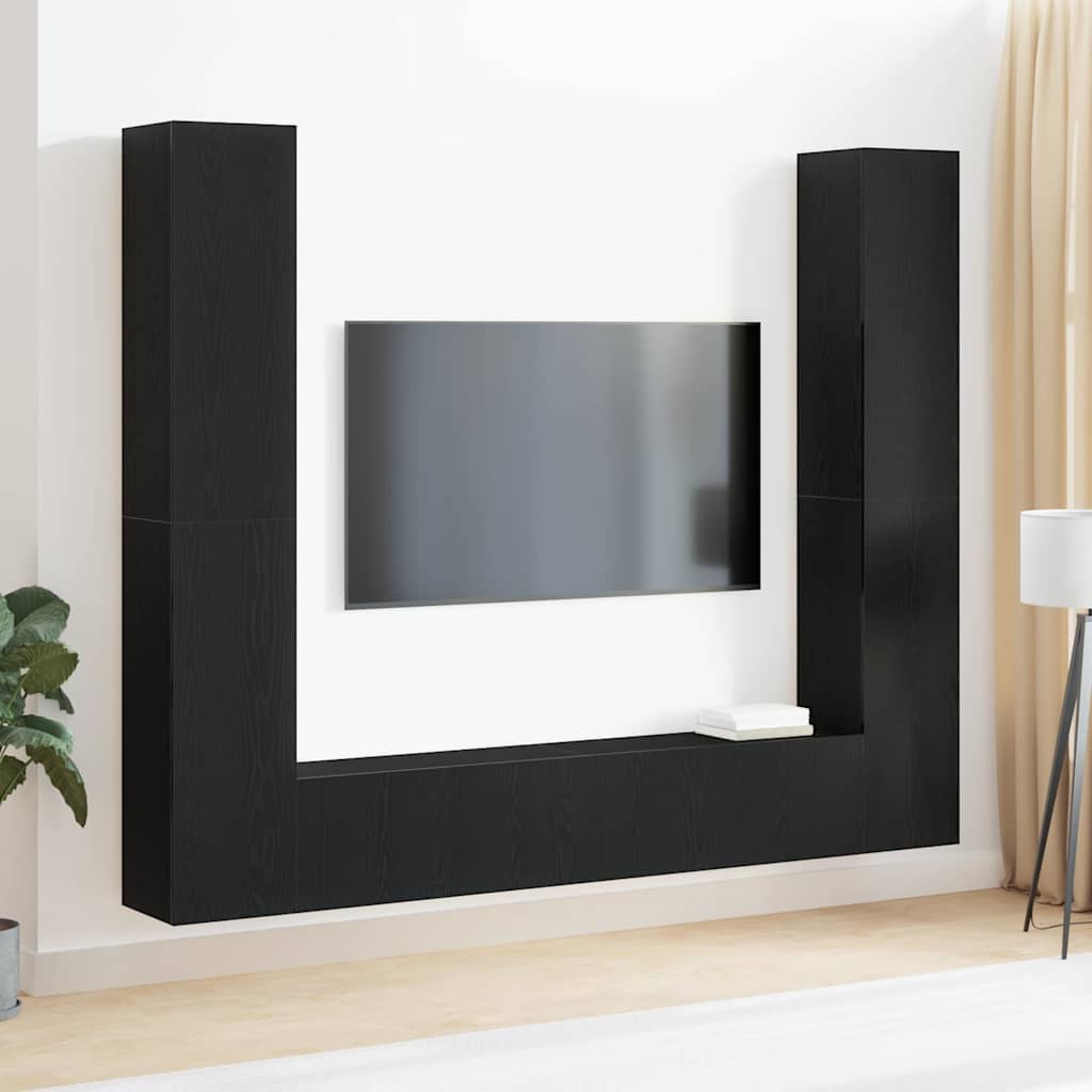 6 Piece TV Cabinet Set - Wall-mounted, Black Oak Engineered Wood