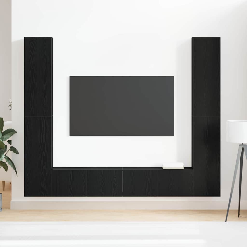 6 Piece TV Cabinet Set - Wall-mounted, Black Oak Engineered Wood