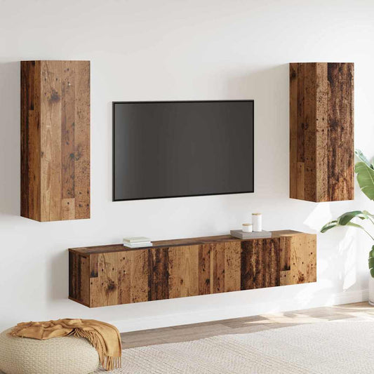 4 Piece TV Cabinet Set - Wall-mounted in Vintage Wood
