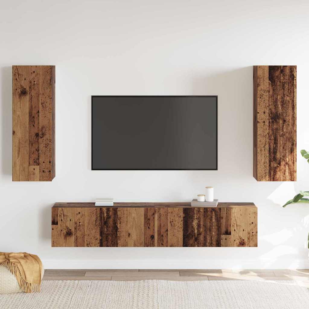 4 Piece TV Cabinet Set - Wall-mounted in Vintage Wood