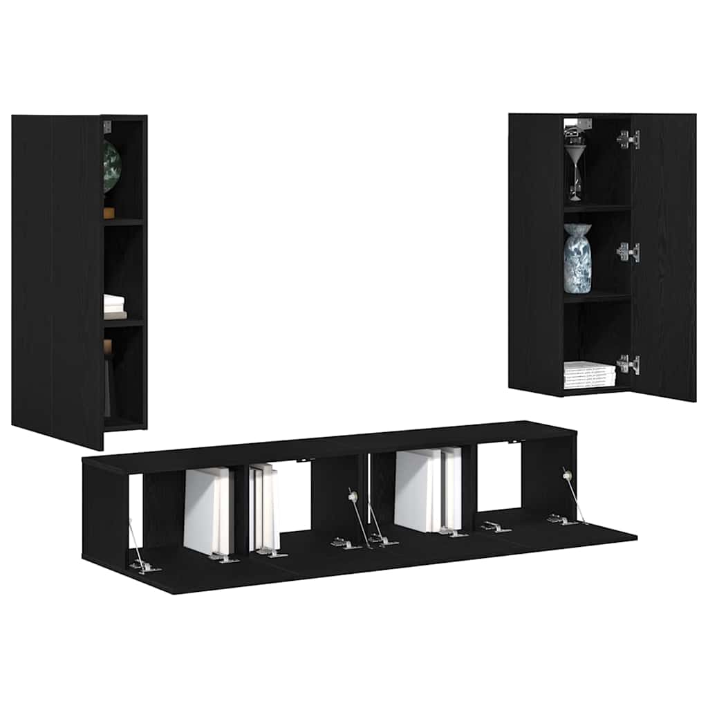 4 Piece TV Cabinet Set - Wall-mounted Black Oak Engineered Wood