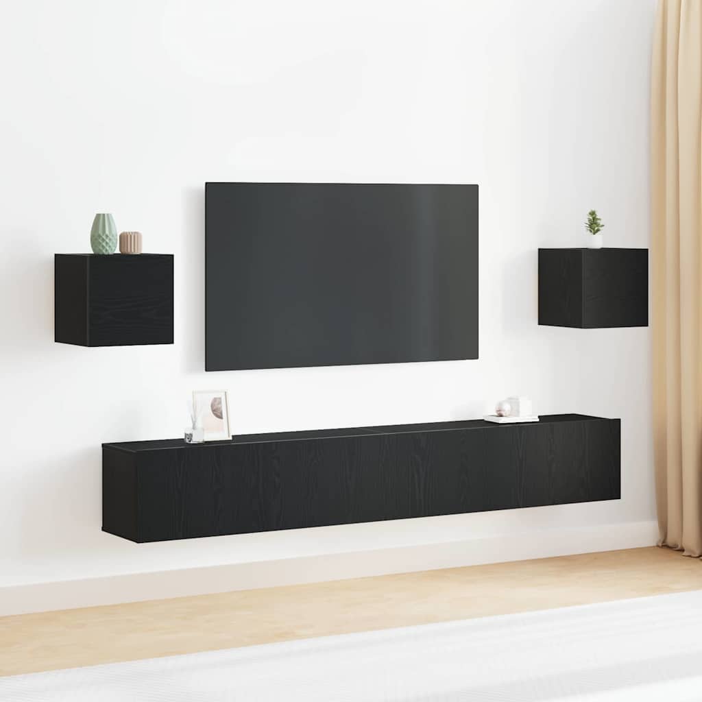 6 Piece TV Cabinet Set - Wall-mounted, Black Oak, Engineered Wood