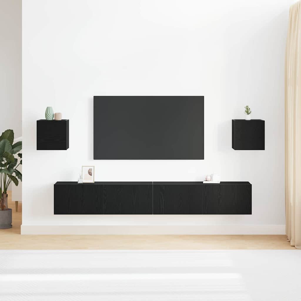 6 Piece TV Cabinet Set - Wall-mounted, Black Oak, Engineered Wood