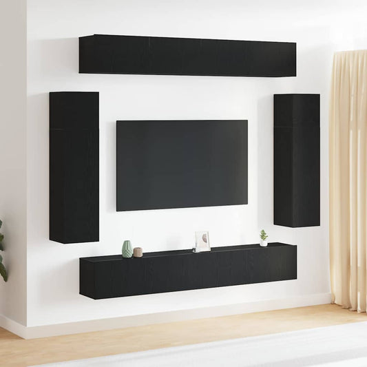 8 Piece TV Cabinet Set - Wall-mounted Black Oak, Engineered Wood