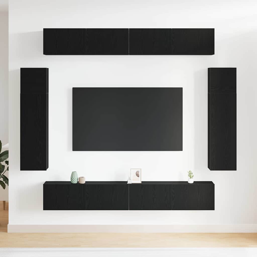 8 Piece TV Cabinet Set - Wall-mounted Black Oak, Engineered Wood