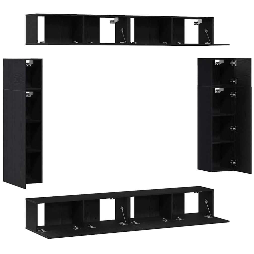 8 Piece TV Cabinet Set - Wall-mounted Black Oak, Engineered Wood