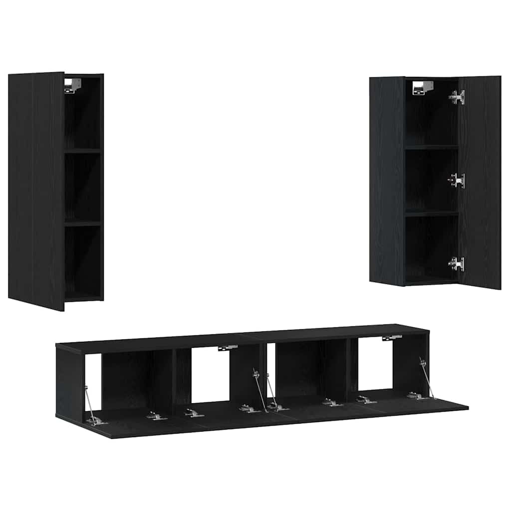 4 Piece TV Cabinet Set Wall-mounted Black Oak Engineered Wood