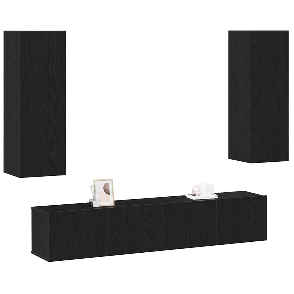 4 Piece TV Cabinet Set Wall-mounted Black Oak Engineered Wood