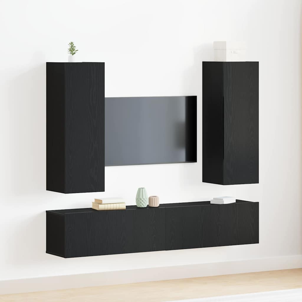 4 Piece TV Cabinet Set Wall-mounted Black Oak Engineered Wood