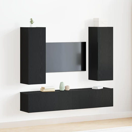 4 Piece TV Cabinet Set Wall-mounted Black Oak Engineered Wood
