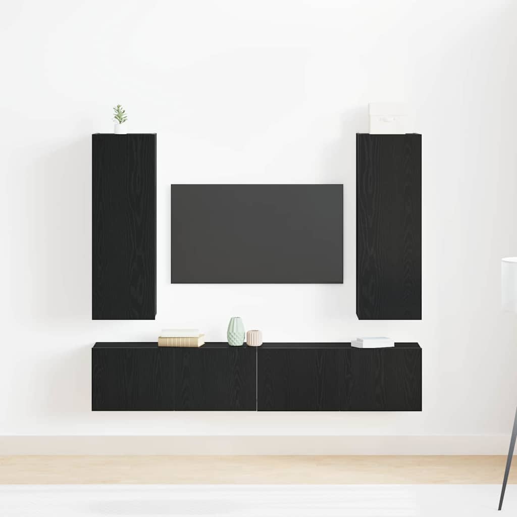 4 Piece TV Cabinet Set Wall-mounted Black Oak Engineered Wood