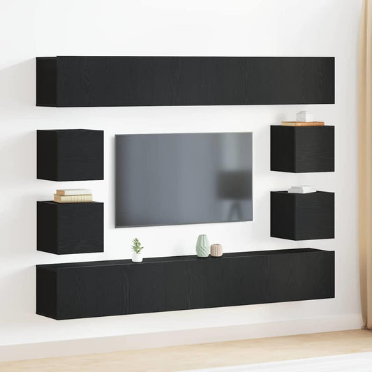 6 Piece TV Cabinet Set - Wall-mounted, Black Oak Engineered Wood