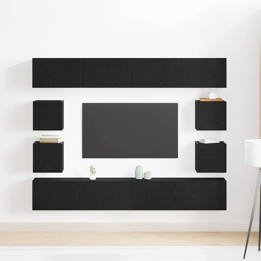 6 Piece TV Cabinet Set - Wall-mounted, Black Oak Engineered Wood