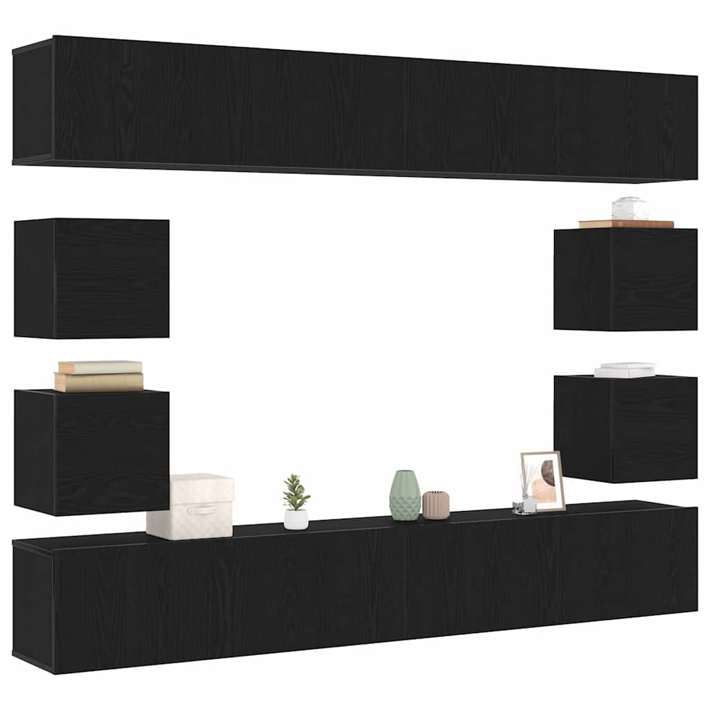 6 Piece TV Cabinet Set - Wall-mounted, Black Oak Engineered Wood