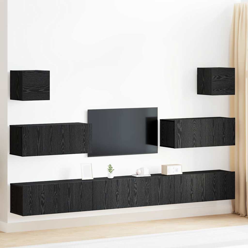 7 Piece TV Cabinet Set - Wall-Mounted, Black Oak, Engineered Wood