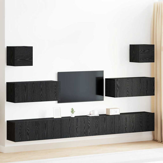 7 Piece TV Cabinet Set - Wall-Mounted, Black Oak, Engineered Wood