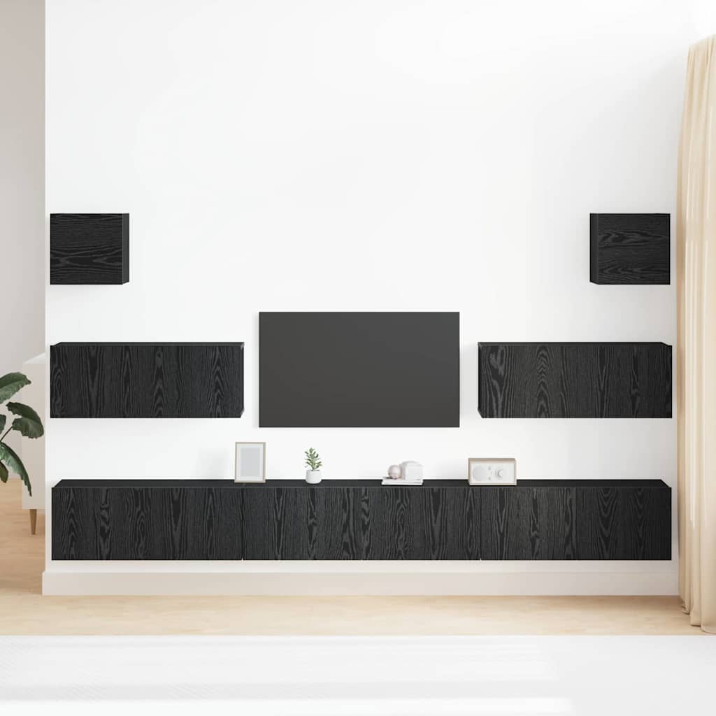 7 Piece TV Cabinet Set - Wall-Mounted, Black Oak, Engineered Wood