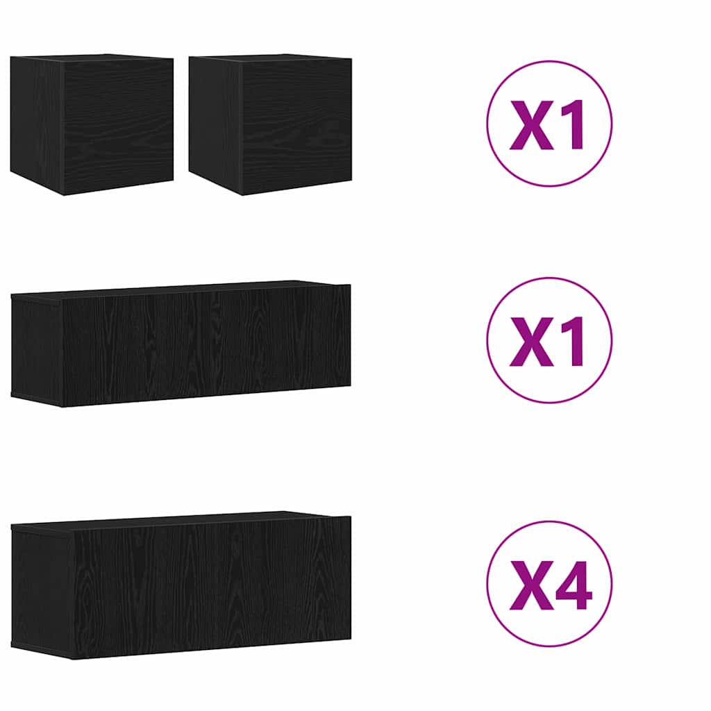 7 Piece TV Cabinet Set - Wall-Mounted, Black Oak, Engineered Wood